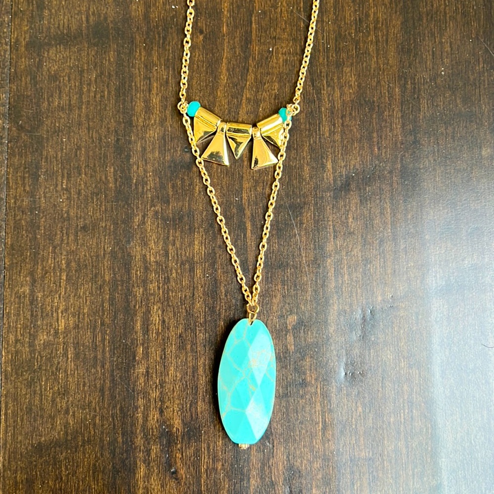 Turquoise 17" Necklace Oval Teal Pendant Gold Adjustable Chain Detail